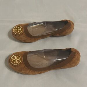 Tory Burch Brown Flats with Gold Logo